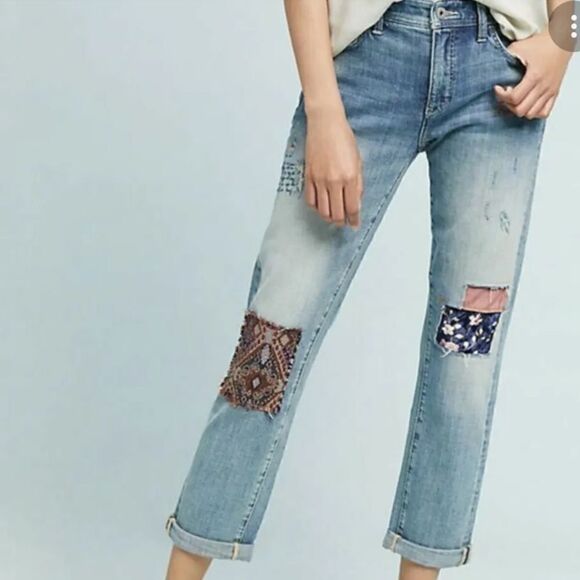 Pilcro By Anthropologie Slim Boyfriend Patchwork Denim Jeans Size 28 Casual Boho - Picture 3 of 12